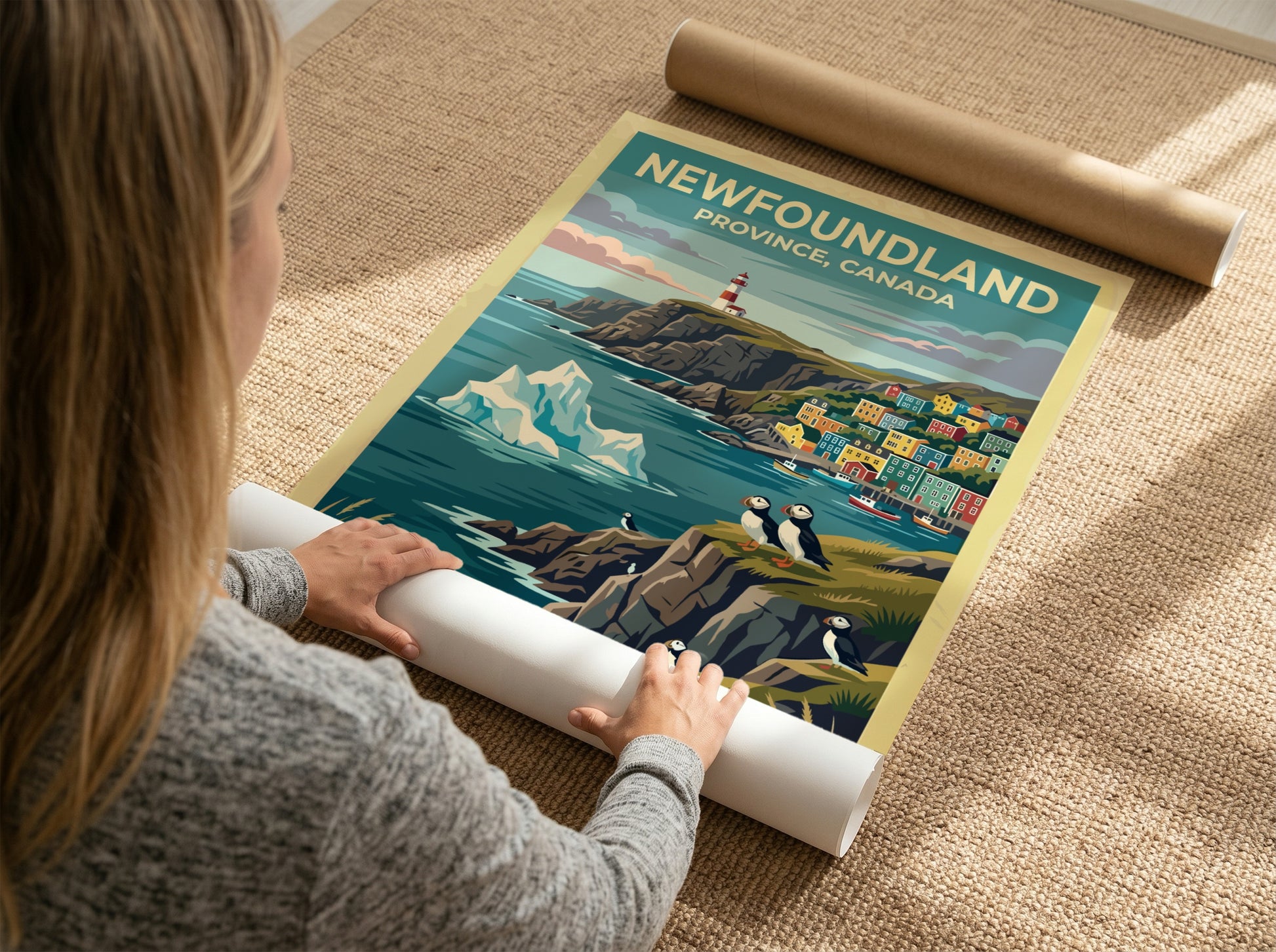 Travel poster of Newfoundland Province Canada featuring a lighthouse, colorful houses and puffins.