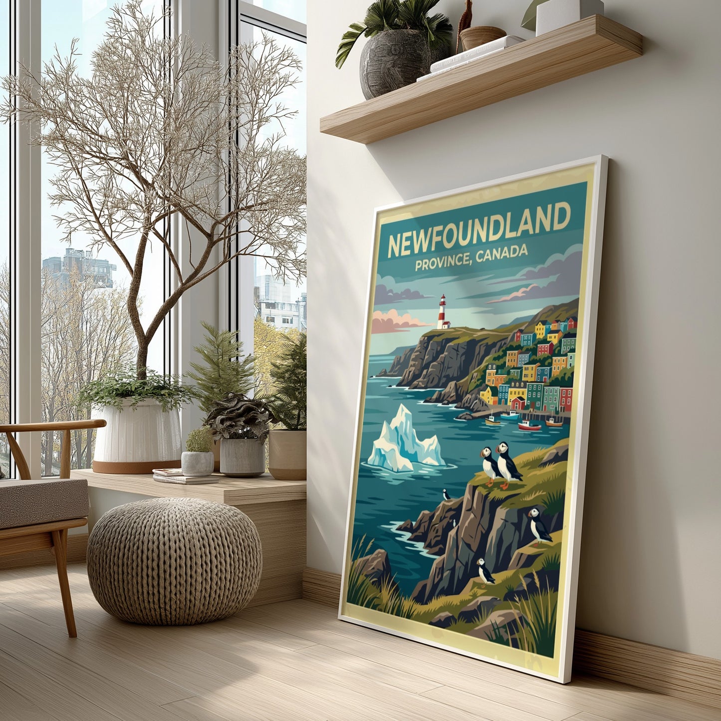 Travel poster of Newfoundland Province Canada featuring a lighthouse, colorful houses and puffins.