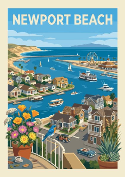 Newport Beach harbor art print with boats, houses, flowers, and a bluebird.