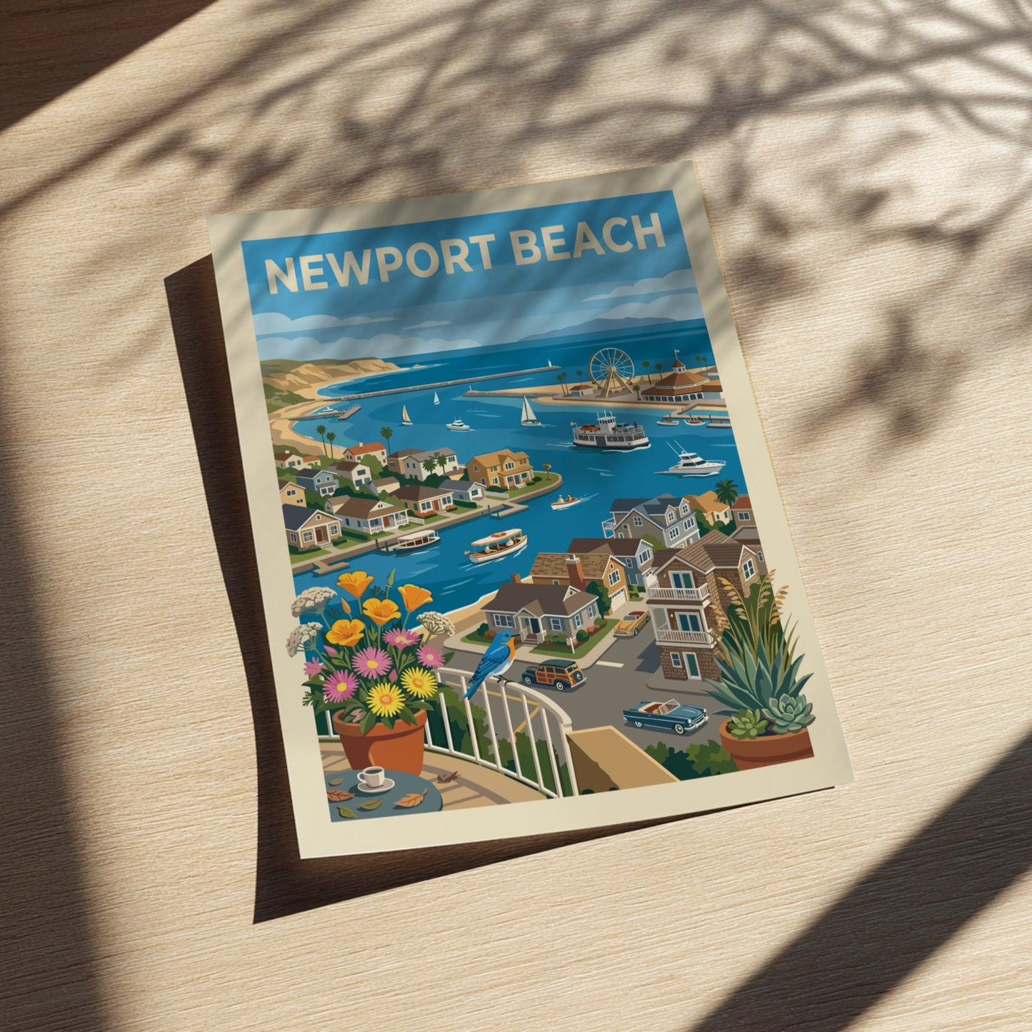 Newport Beach harbor art print with boats, houses, flowers, and a bluebird.