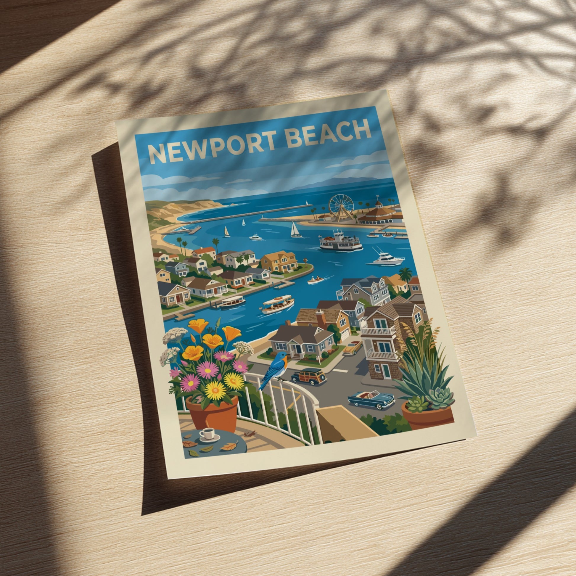 Newport Beach harbor art print with boats, houses, flowers, and a bluebird.