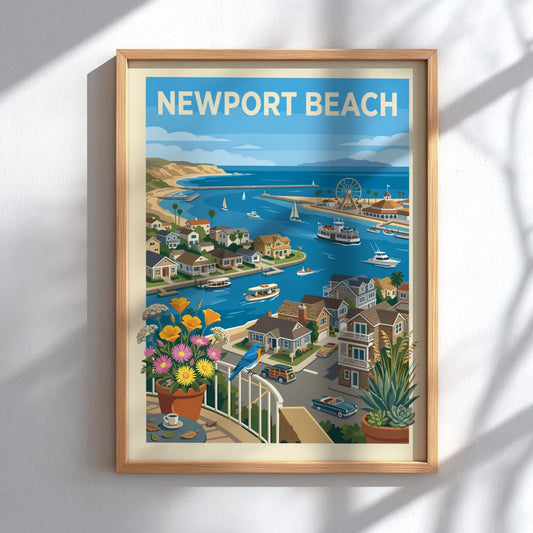 Newport Beach harbor art print with boats, houses, flowers, and a bluebird.