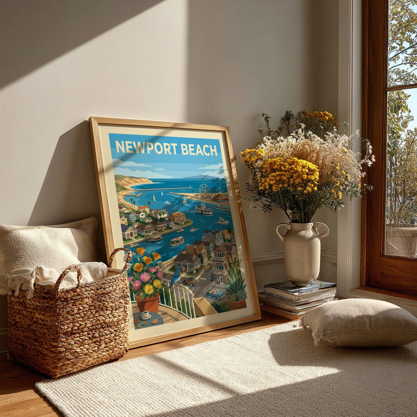 Newport Beach harbor art print with boats, houses, flowers, and a bluebird.