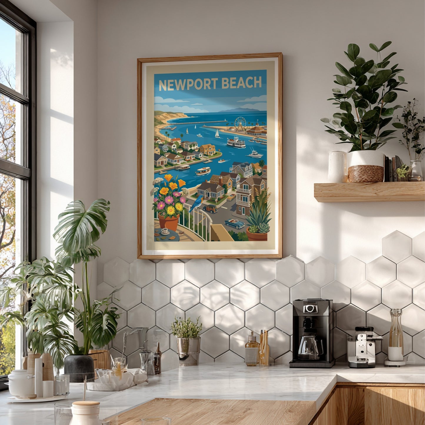 Newport Beach harbor art print with boats, houses, flowers, and a bluebird.