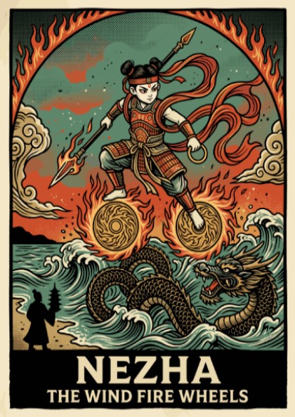 Poster of Nezha the Wind Fire Wheels with a dragon and flames art