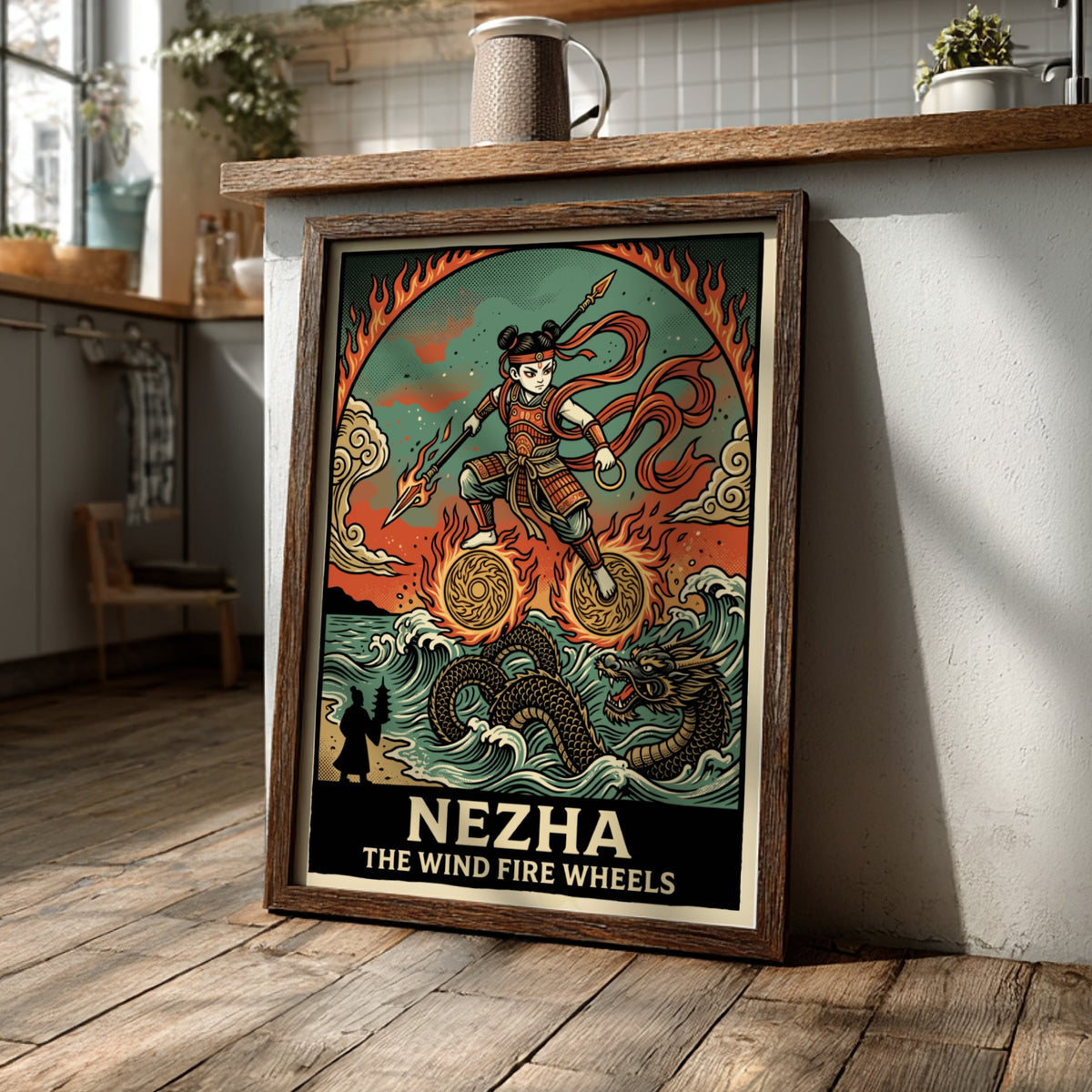 Poster of Nezha the Wind Fire Wheels with a dragon and flames art