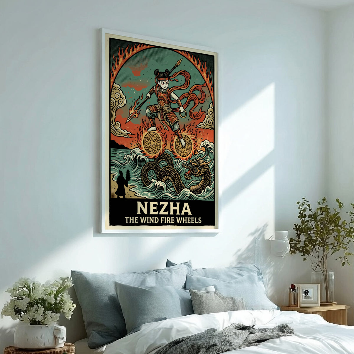 Poster of Nezha the Wind Fire Wheels with a dragon and flames art