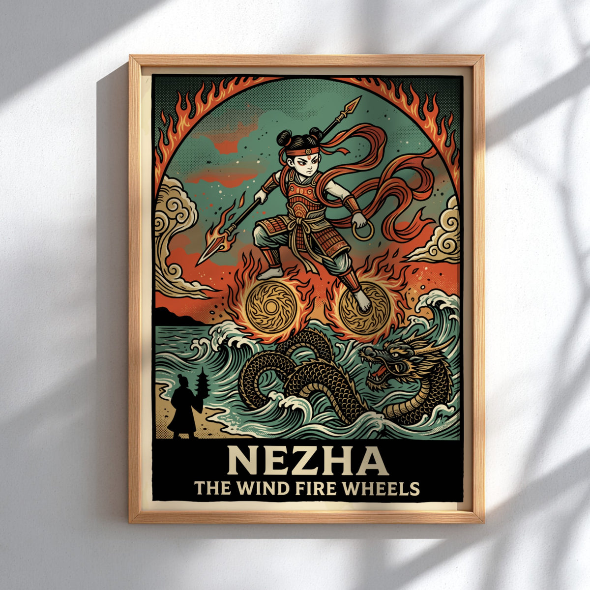 Poster of Nezha the Wind Fire Wheels with a dragon and flames art
