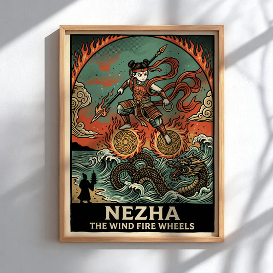 Poster of Nezha the Wind Fire Wheels with a dragon and flames art
