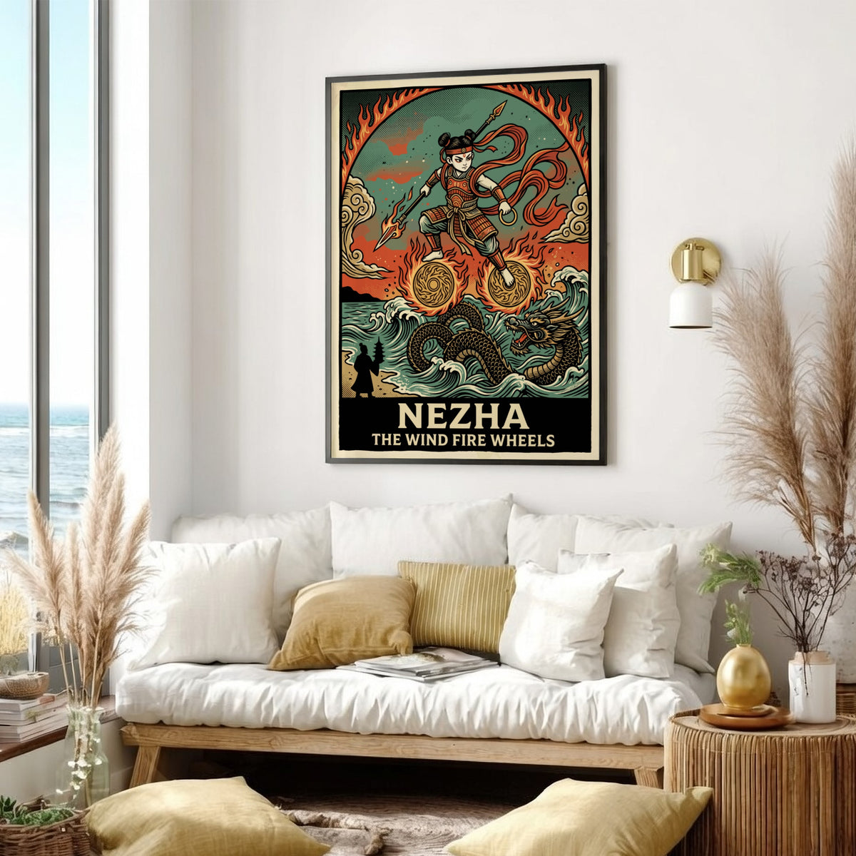Poster of Nezha the Wind Fire Wheels with a dragon and flames art