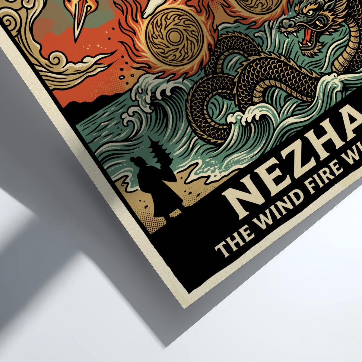 Poster of Nezha the Wind Fire Wheels with a dragon and flames art