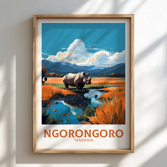 Framed artwork of a rhino in a natural setting with 'Ngorongoro Tanzania' text.