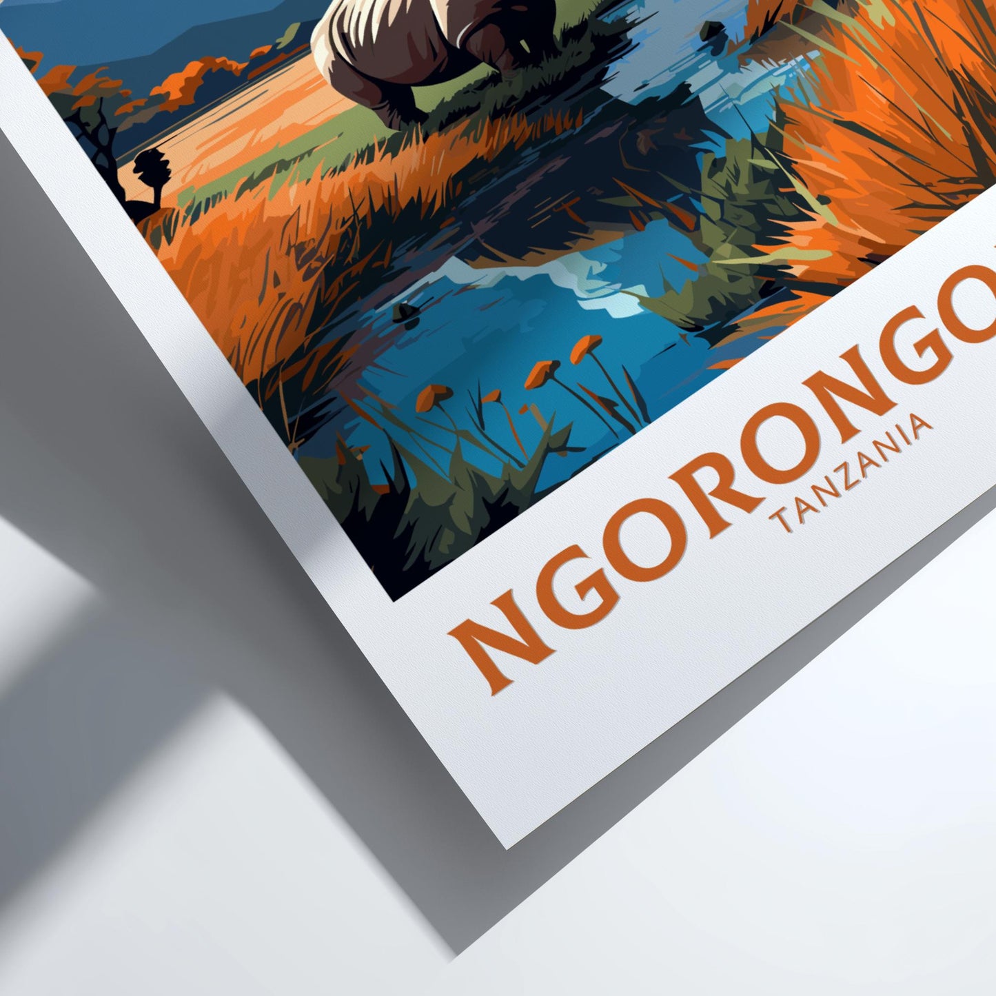 Poster of Ngorongoro Crater with scenic landscape and 'Ngorongoro Tanzania' text.