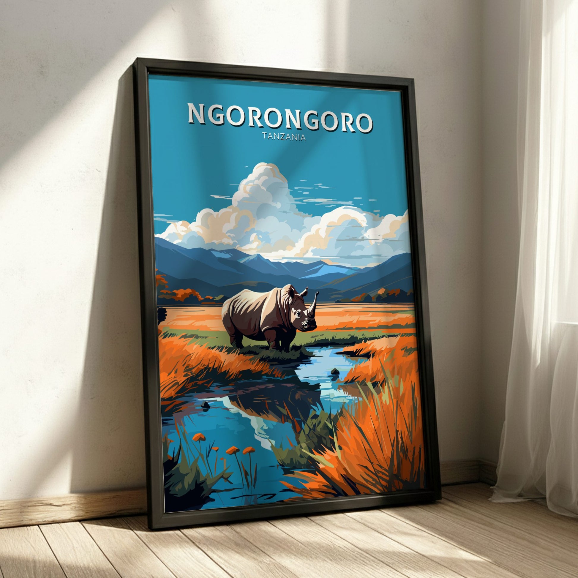 Framed poster of a rhino in a natural landscape with 'Ngorongoro Tanzania' text.