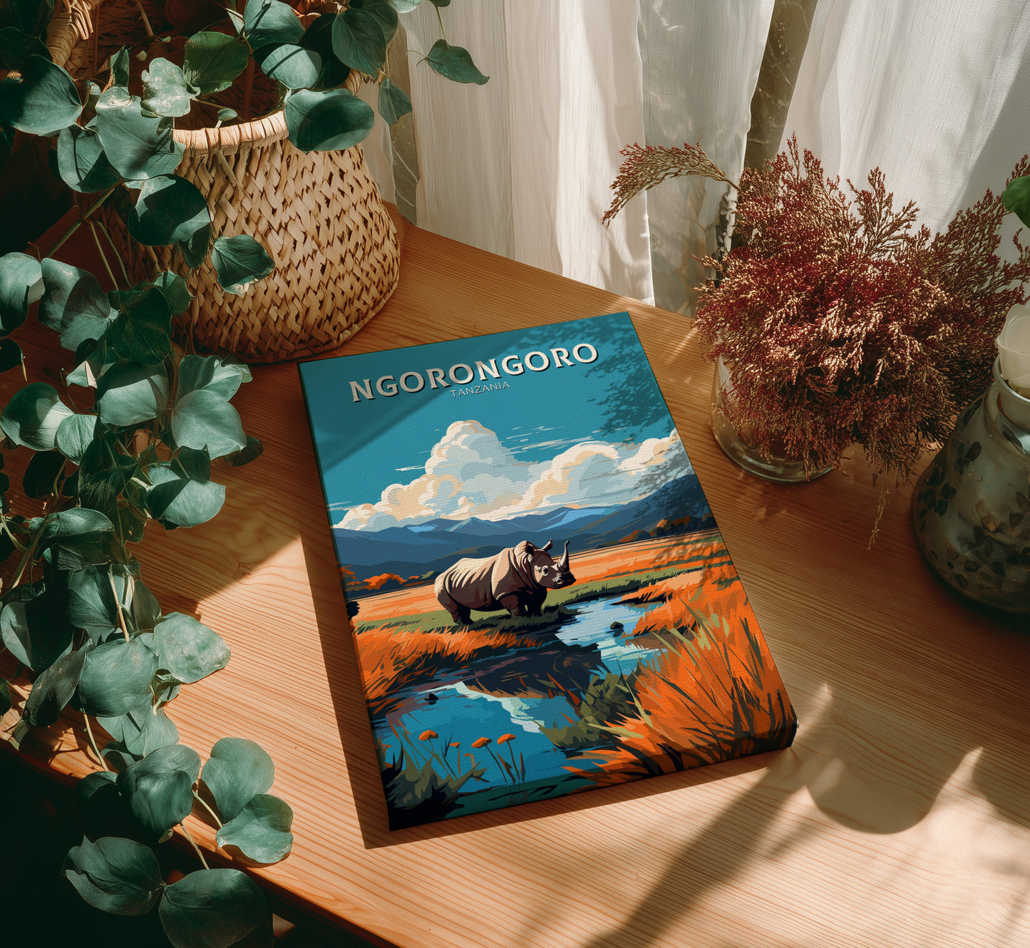 Book titled 'Ngorongoro' with a rhino illustration on a wooden table with plants.