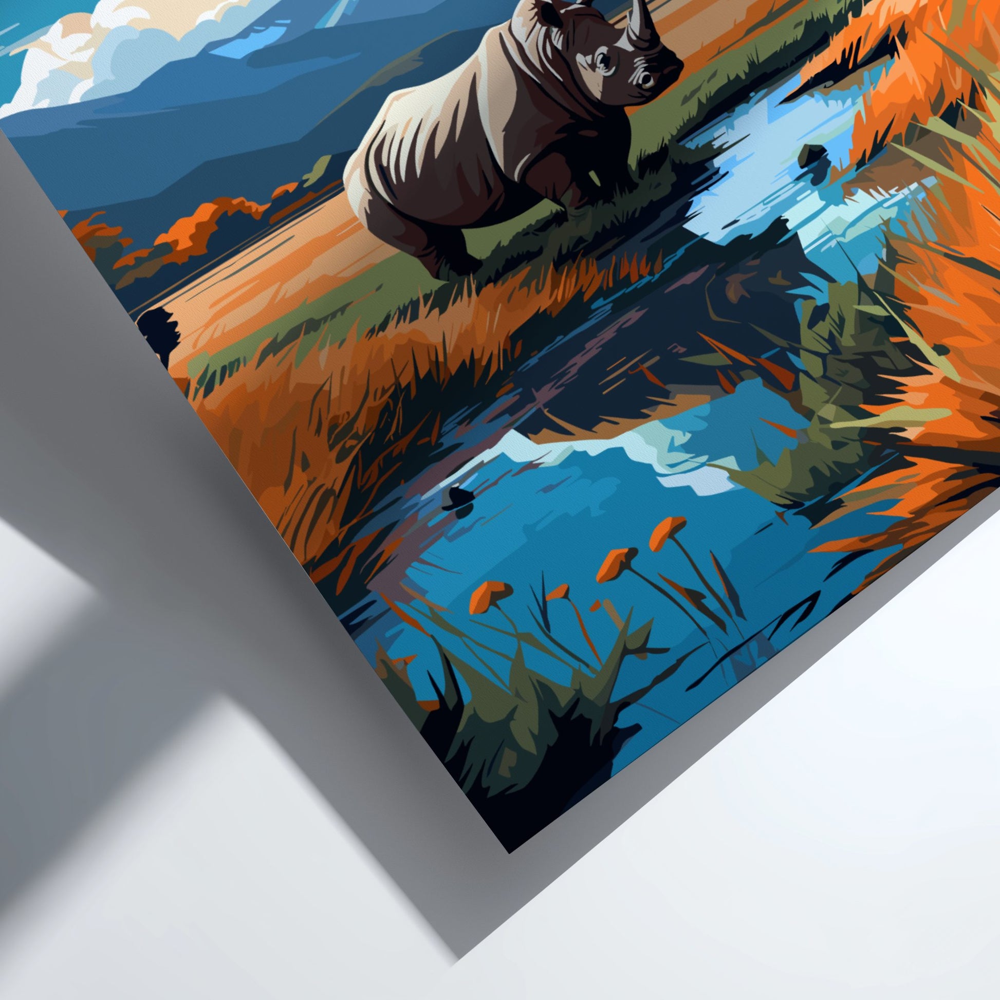 Artistic depiction of a rhinoceros by a water body with colorful foliage and mountains in the background.