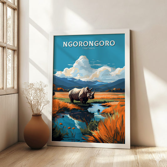 Framed artwork of a rhino in a natural setting with 'Ngorongoro' text, placed on a wooden floor.