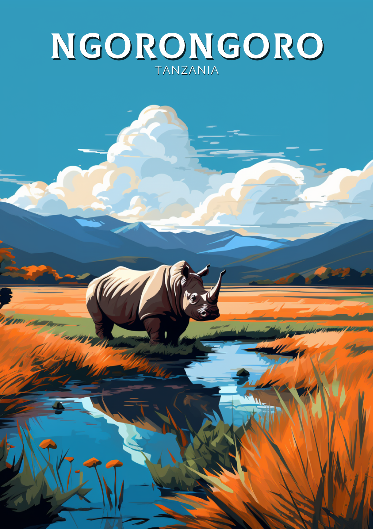 A retro travel poster featuring a rhinoceros in a grassy landscape with mountains and a blue sky with clouds in the background. The text 'NGORONGORO TANZANIA' is displayed at the top.