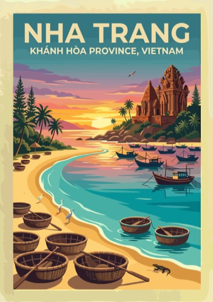 Travel poster of Nha Trang featuring basket boats on a beach at sunset