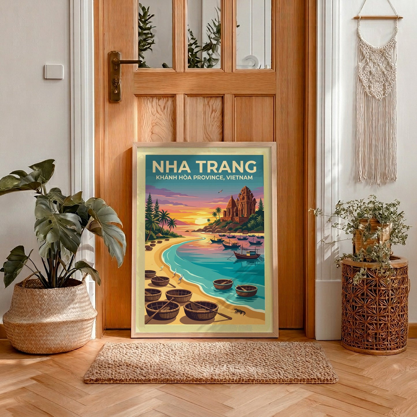 Travel poster of Nha Trang featuring basket boats on a beach at sunset