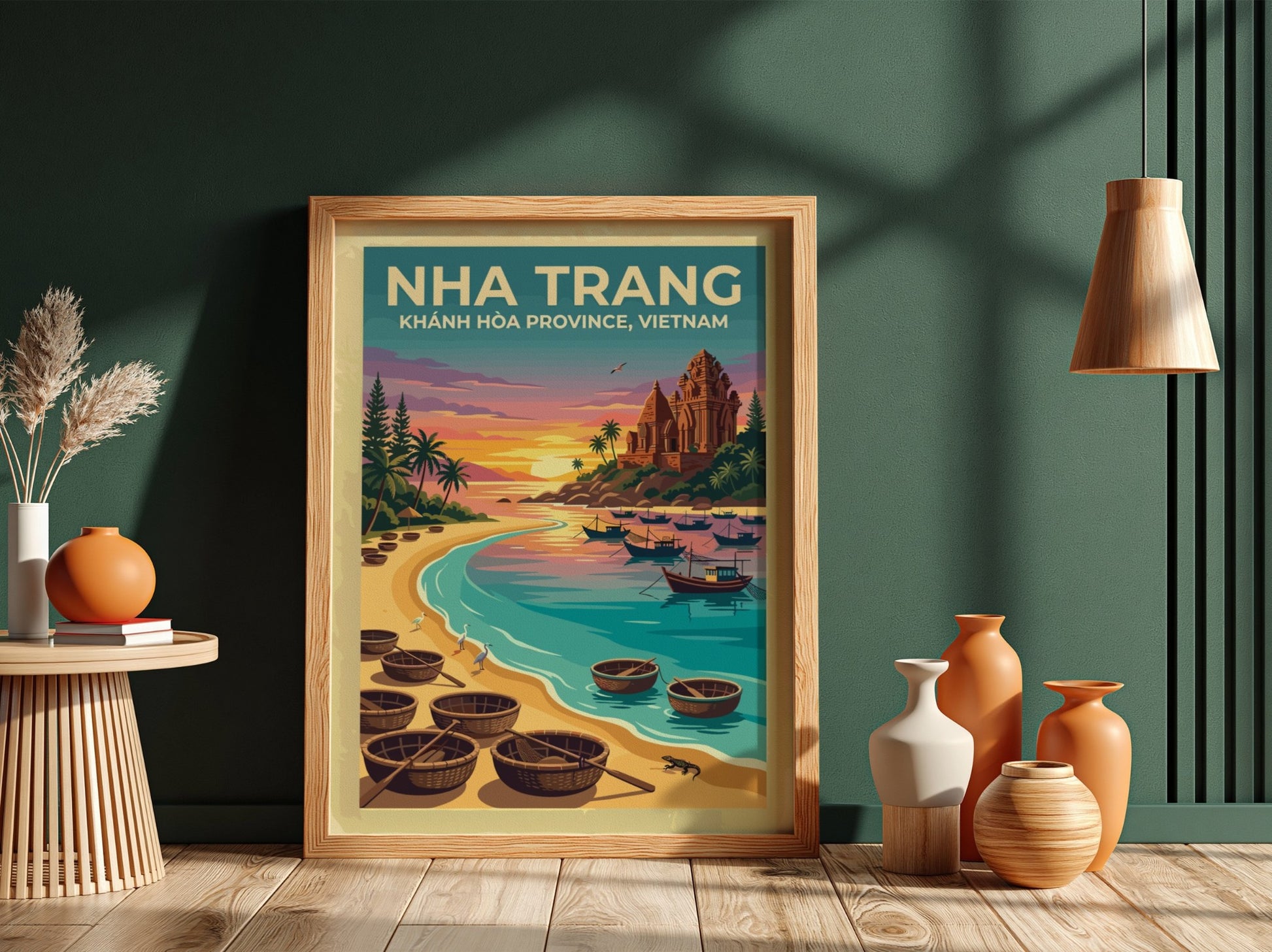 Travel poster of Nha Trang featuring basket boats on a beach at sunset