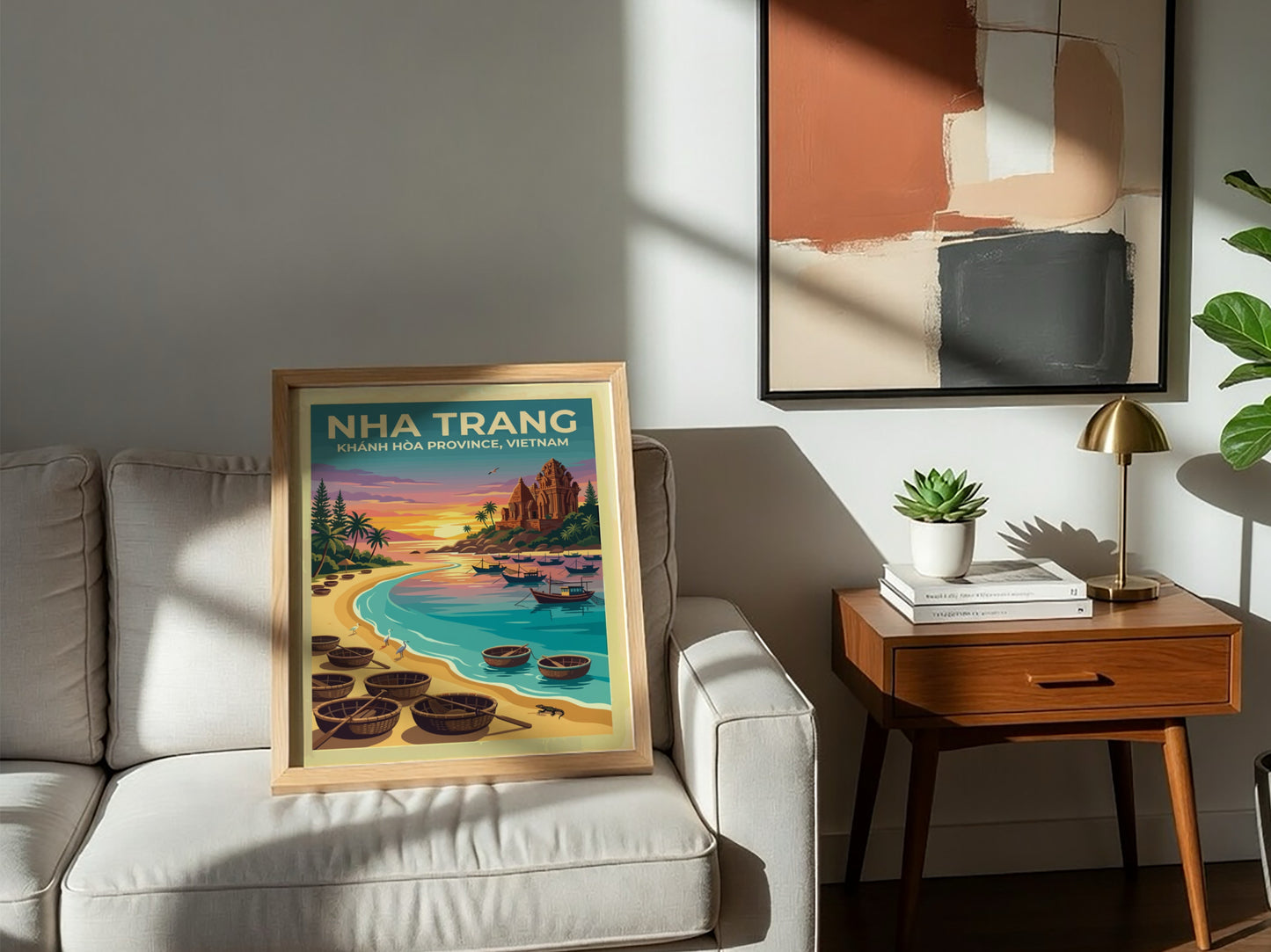 Travel poster of Nha Trang featuring basket boats on a beach at sunset