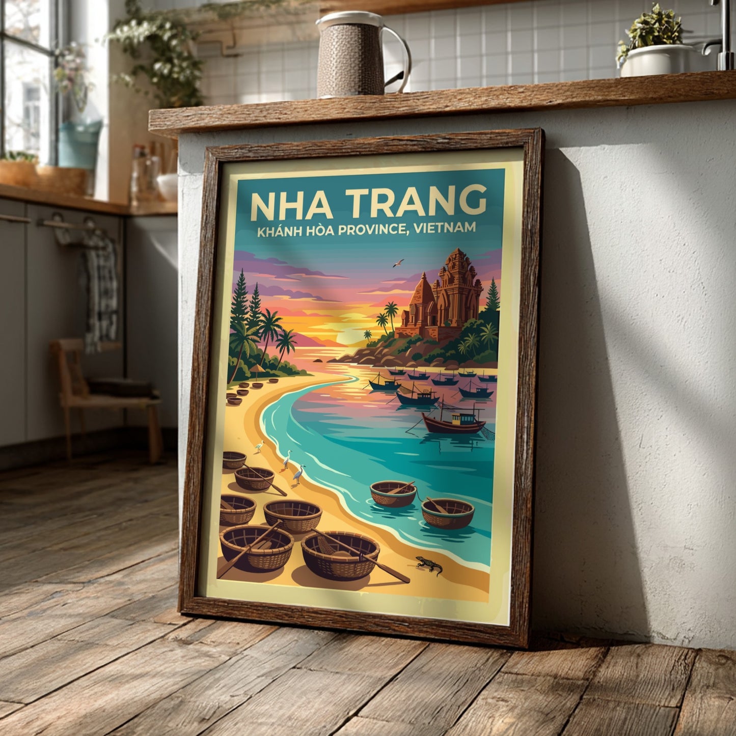 Travel poster of Nha Trang featuring basket boats on a beach at sunset
