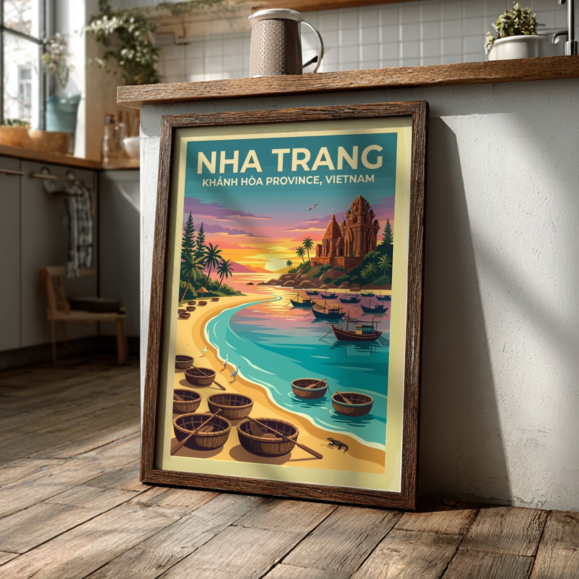 Travel poster of Nha Trang featuring basket boats on a beach at sunset