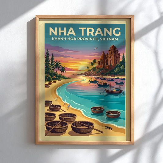 Travel poster of Nha Trang featuring basket boats on a beach at sunset