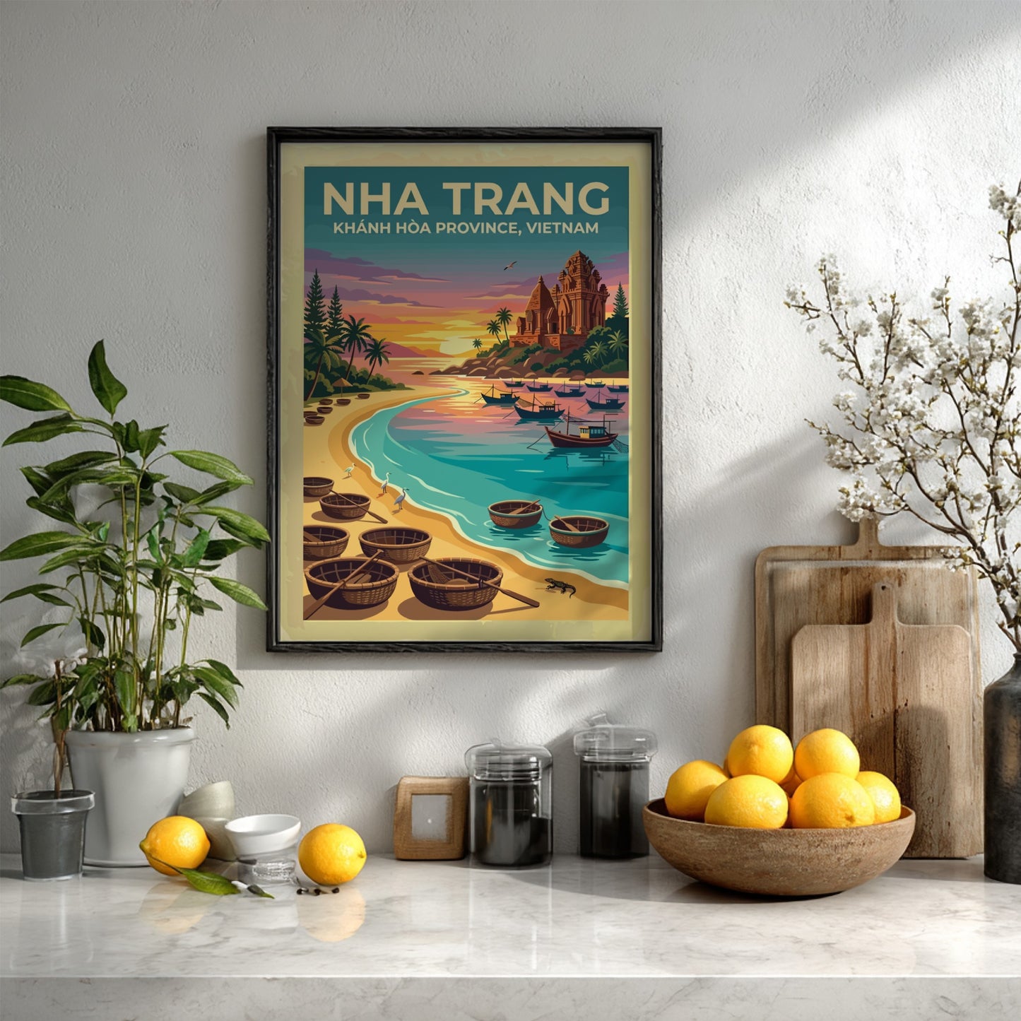 Travel poster of Nha Trang featuring basket boats on a beach at sunset