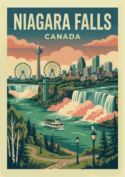 Retro Niagara Falls Canada travel poster featuring waterfalls, river cruise, and city skyline in a vintage