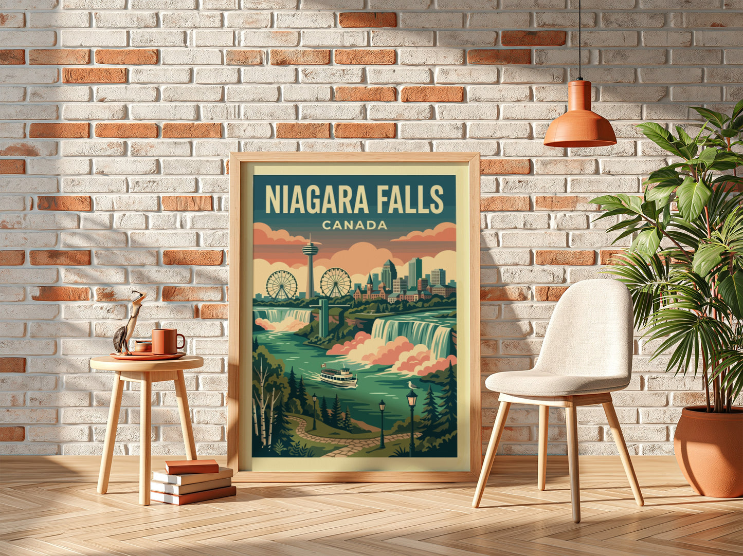 Retro Niagara Falls Canada travel poster featuring waterfalls, river cruise, and city skyline in a vintage