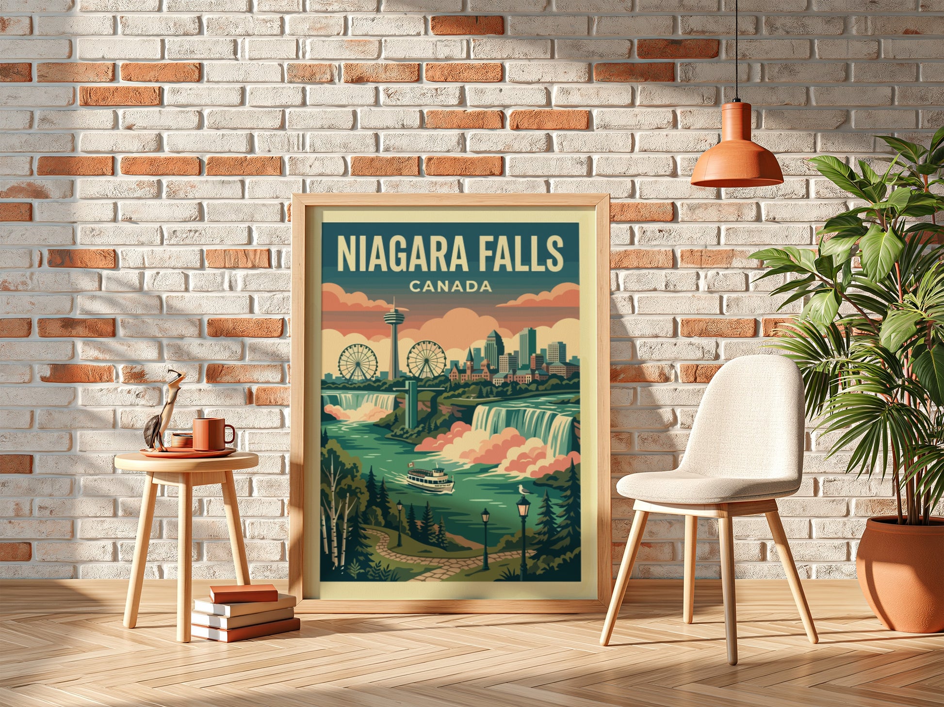 Retro Niagara Falls Canada travel poster featuring waterfalls, river cruise, and city skyline in a vintage
