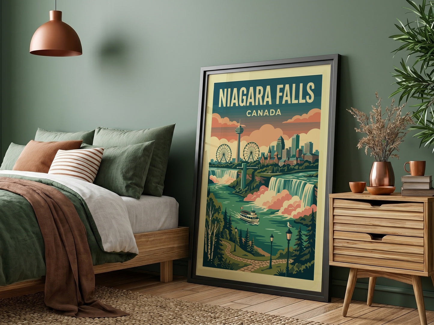 Retro Niagara Falls Canada travel poster featuring waterfalls, river cruise, and city skyline in a vintage