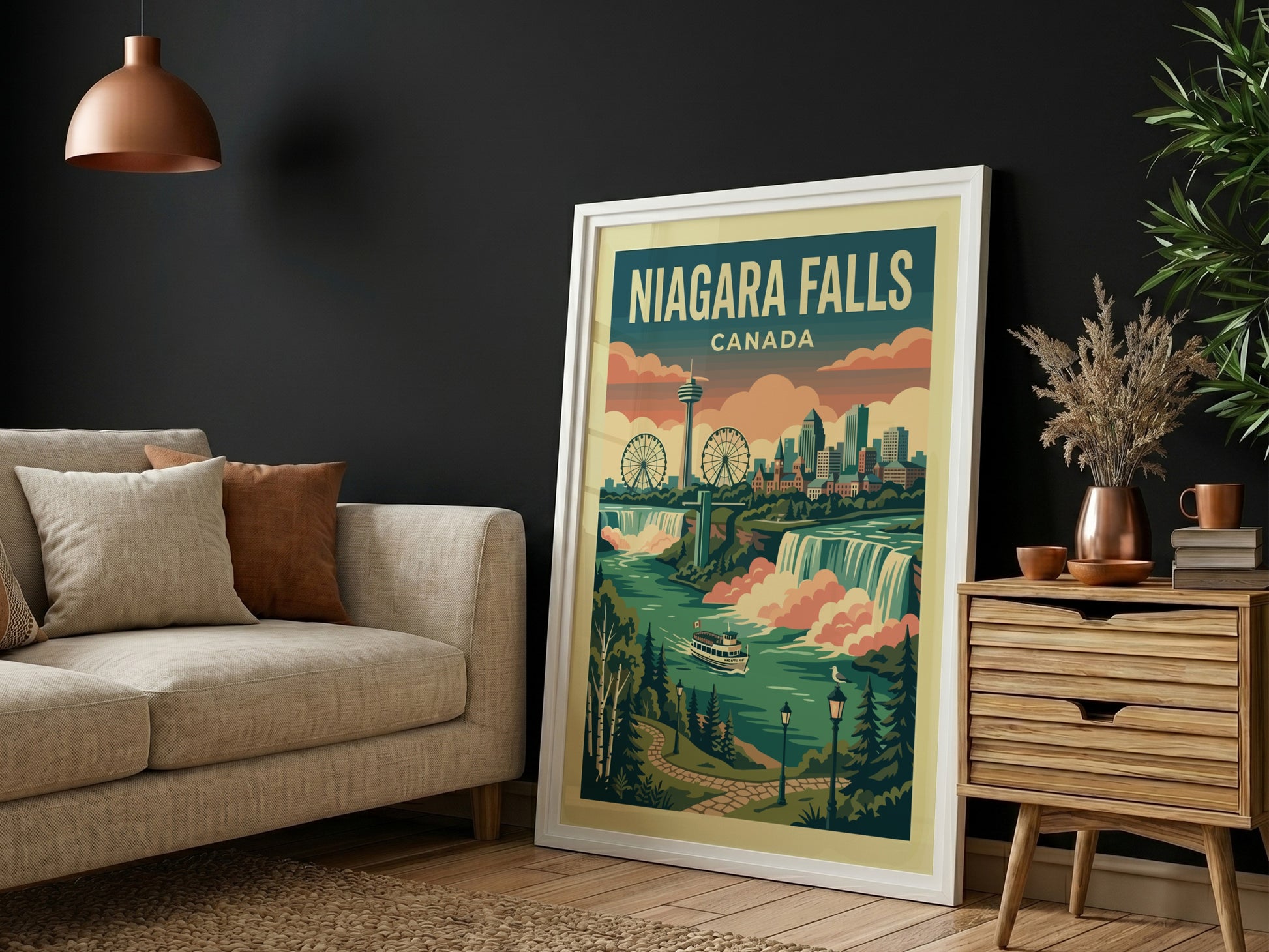 Retro Niagara Falls Canada travel poster featuring waterfalls, river cruise, and city skyline in a vintage
