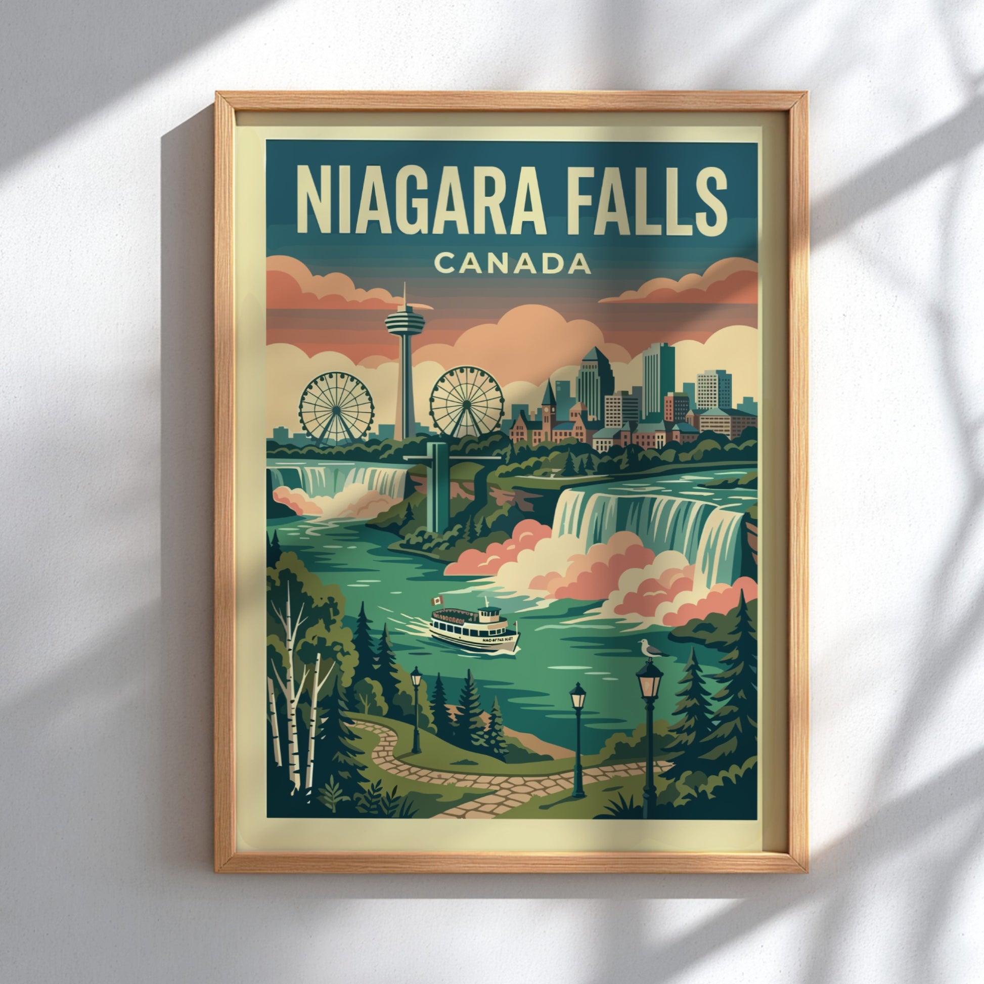 Retro Niagara Falls Canada travel poster featuring waterfalls, river cruise, and city skyline in a vintage