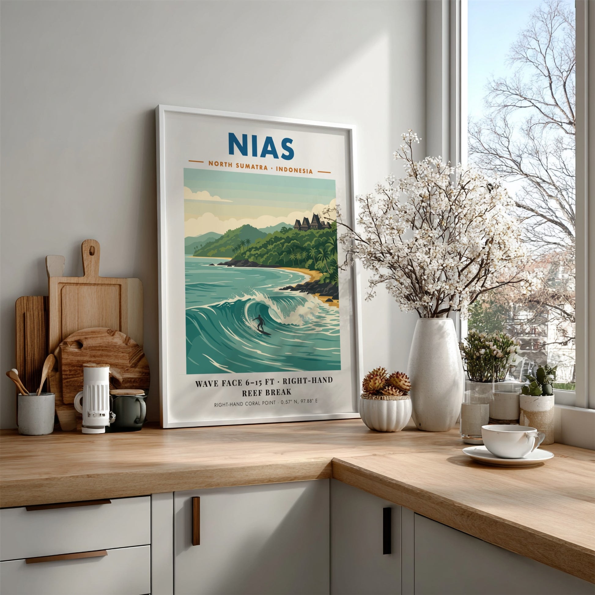 Nias North Sumatra Indonesia poster featuring a surfer on a large ocean wave