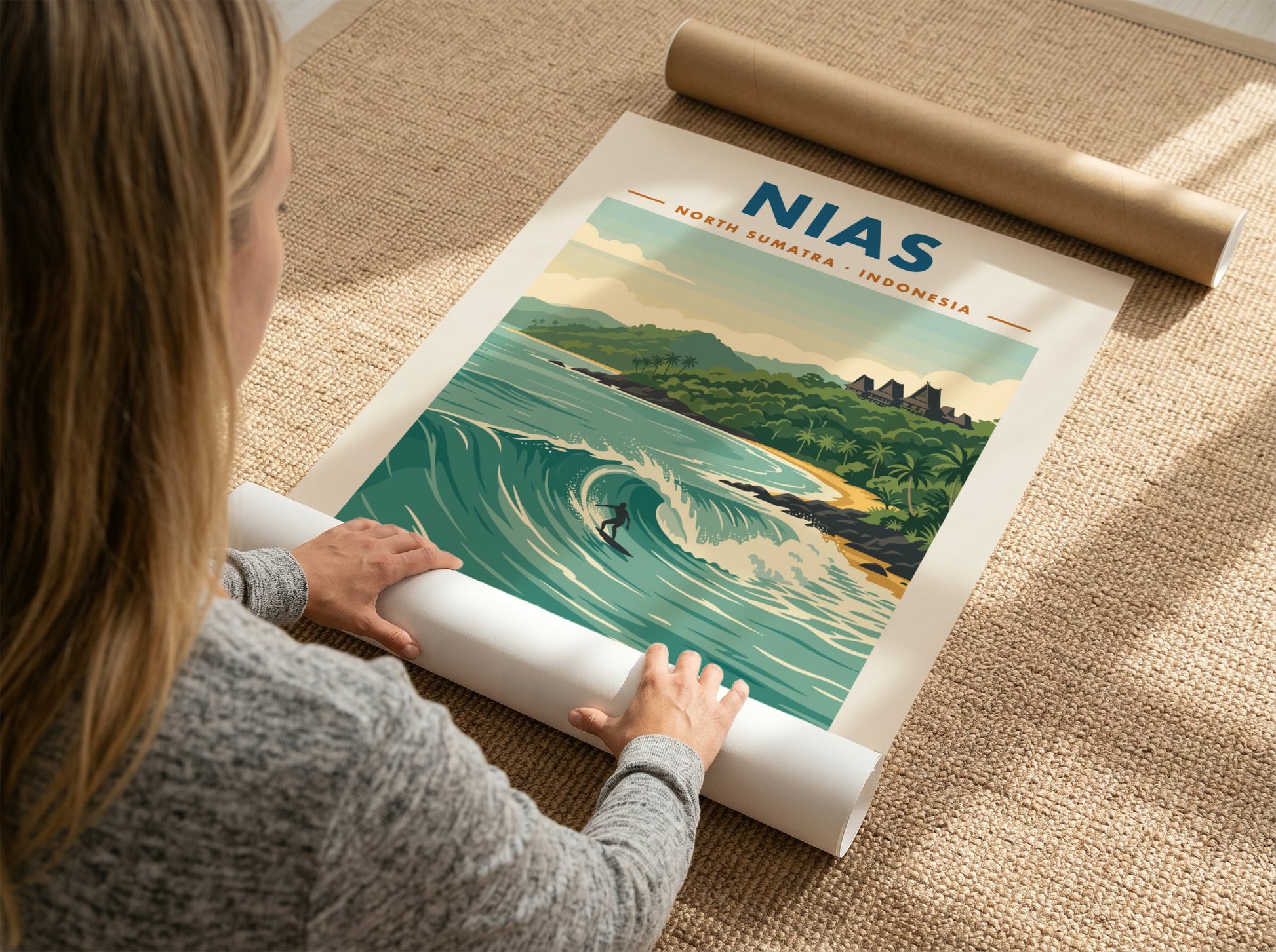 Nias North Sumatra Indonesia poster featuring a surfer on a large ocean wave