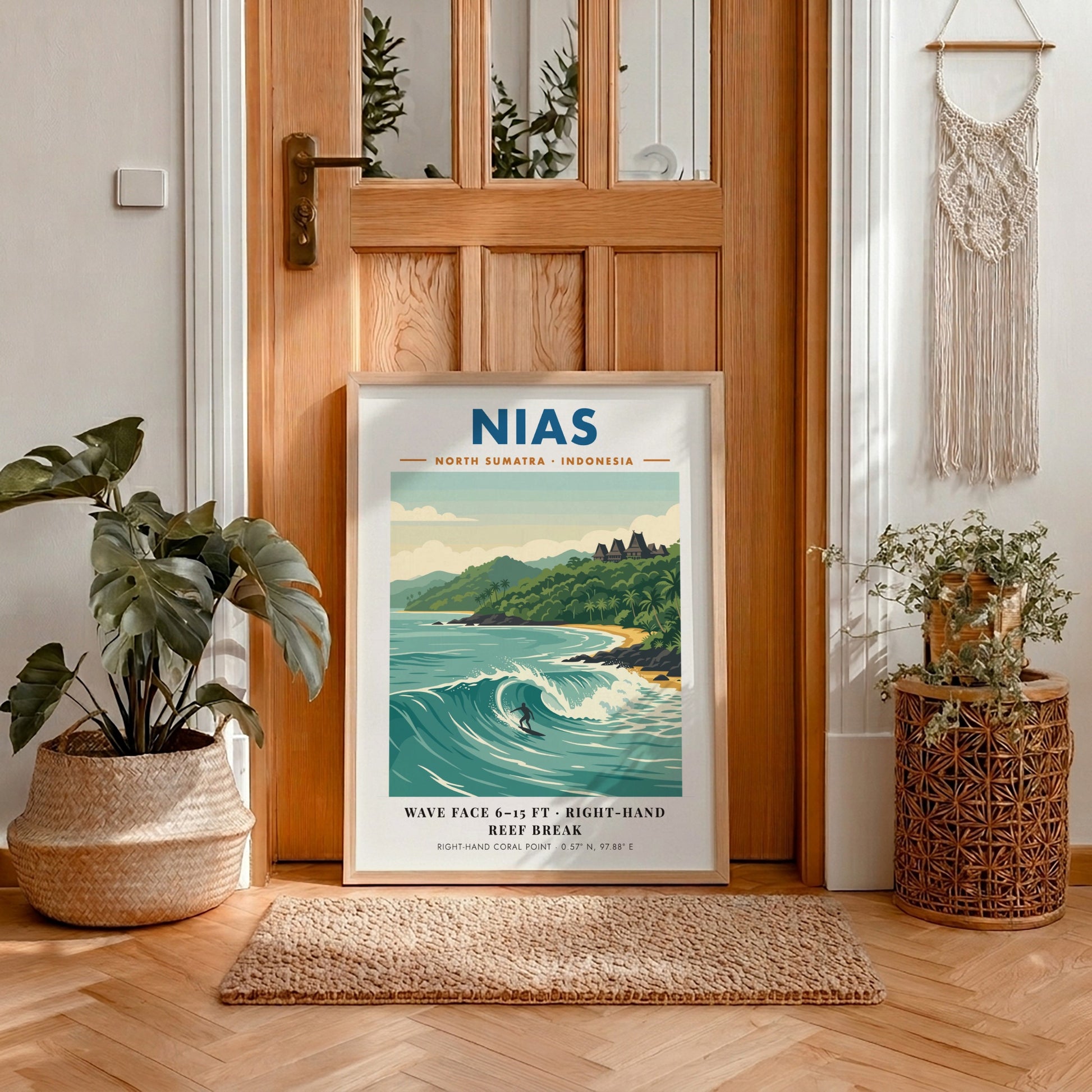 Nias North Sumatra Indonesia poster featuring a surfer on a large ocean wave