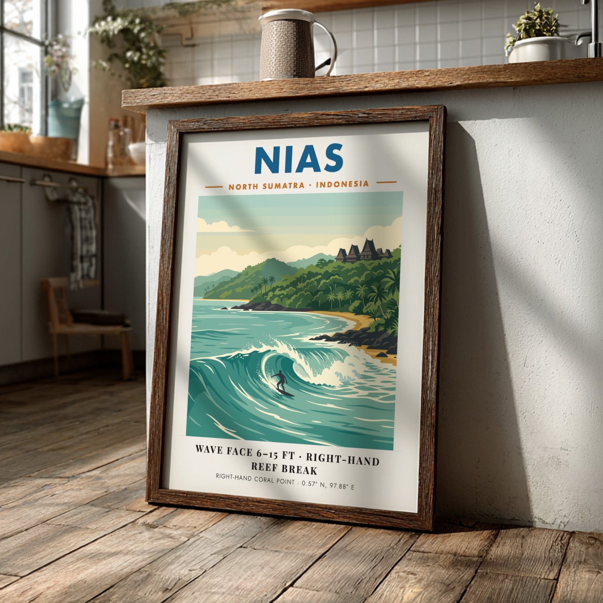 Nias North Sumatra Indonesia poster featuring a surfer on a large ocean wave
