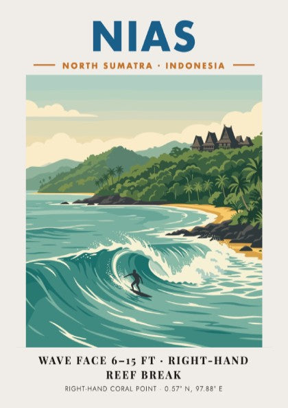 Nias North Sumatra Indonesia poster featuring a surfer on a large ocean wave
