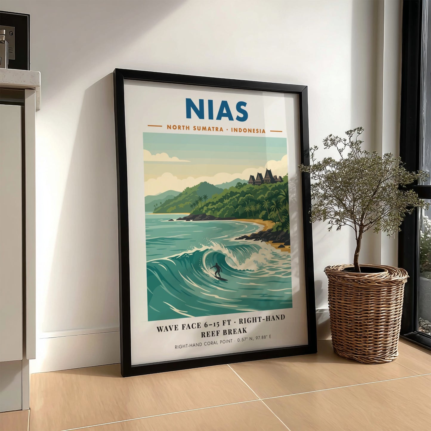 Nias North Sumatra Indonesia poster featuring a surfer on a large ocean wave