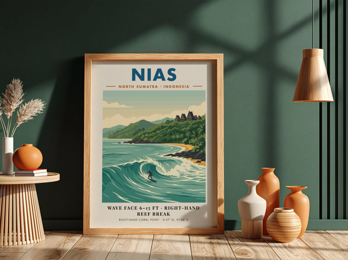 Nias North Sumatra Indonesia poster featuring a surfer on a large ocean wave