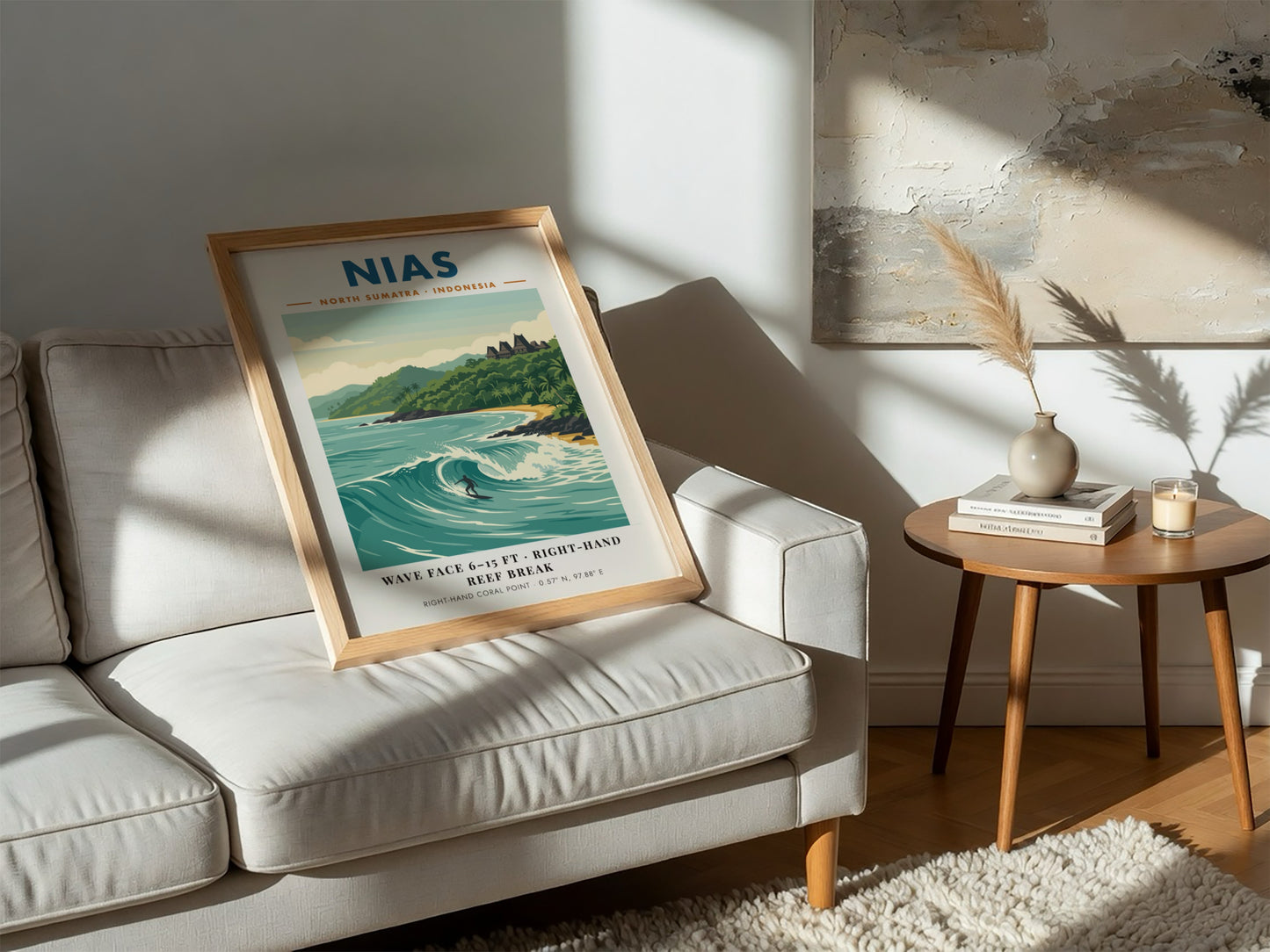 Nias North Sumatra Indonesia poster featuring a surfer on a large ocean wave