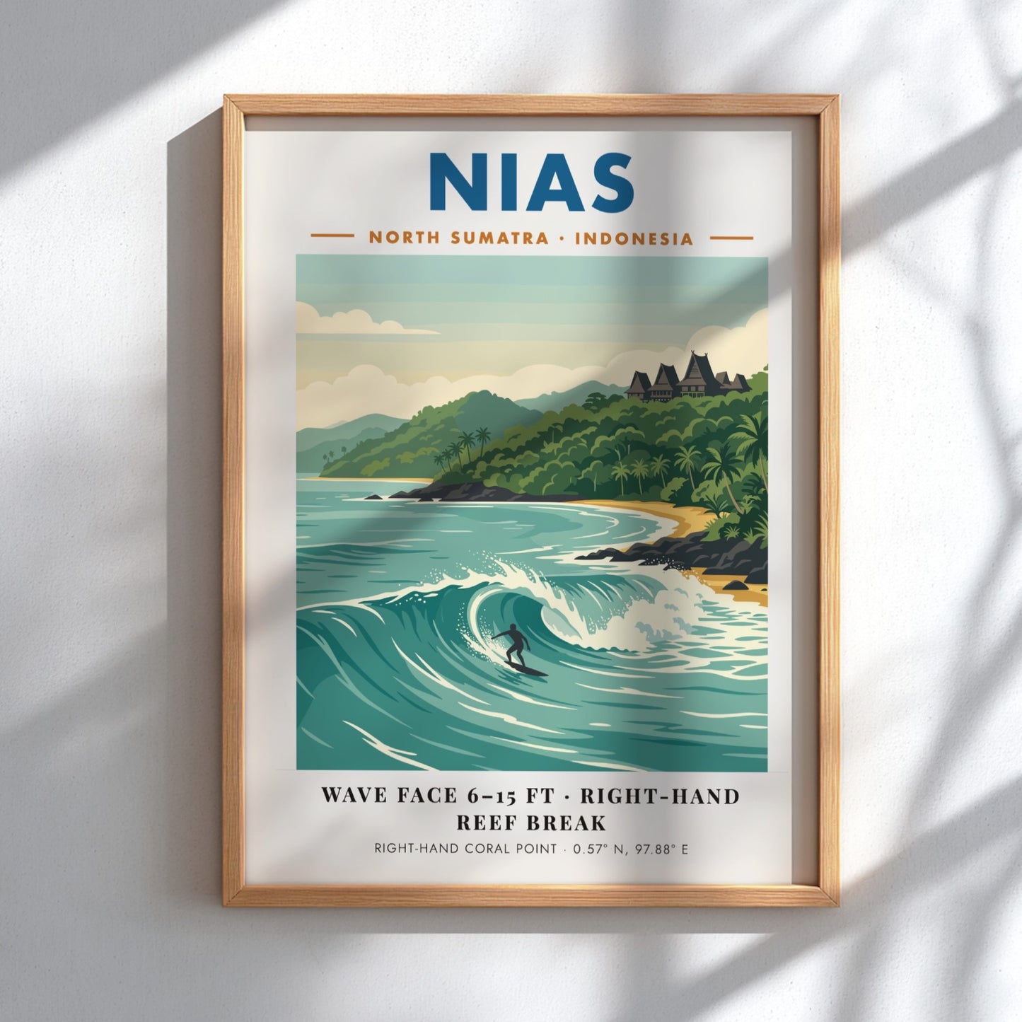 Nias North Sumatra Indonesia poster featuring a surfer on a large ocean wave