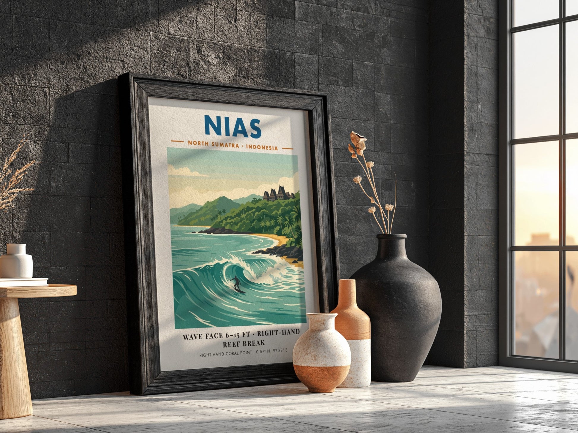 Nias North Sumatra Indonesia poster featuring a surfer on a large ocean wave