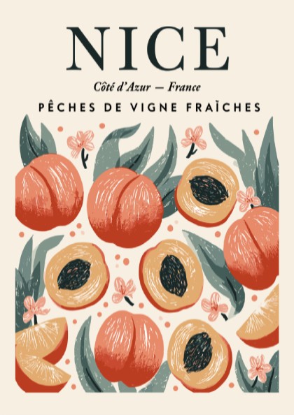Peach kitchen poster featuring vibrant peaches and green leaves, perfect for home decor.