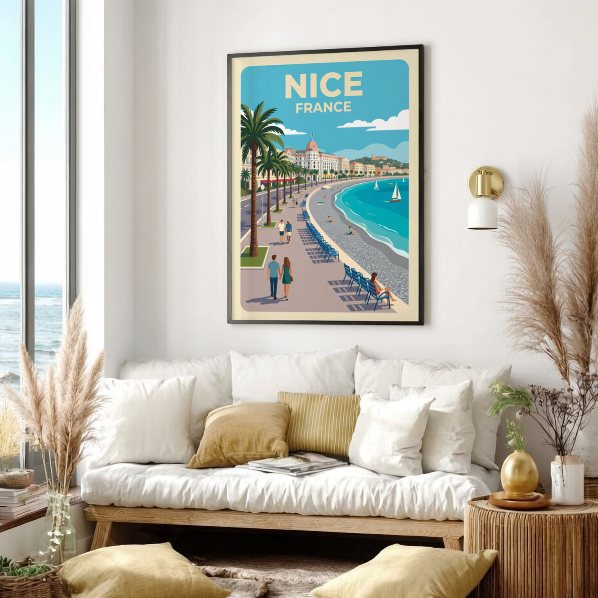 Travel poster of Nice France featuring palm trees, a blue sea, and pedestrians.