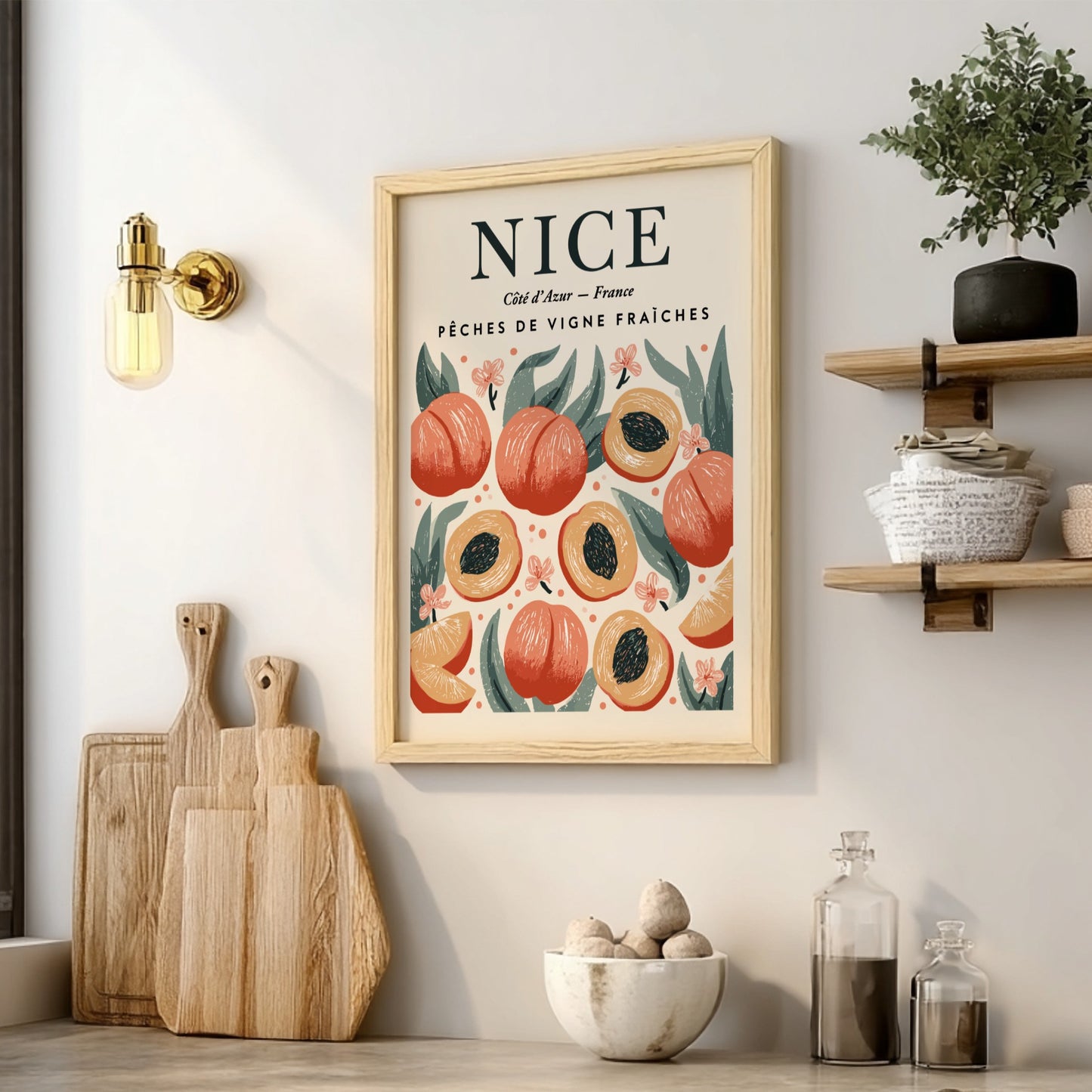 Peach kitchen poster featuring vibrant peaches and green leaves, perfect for home decor.