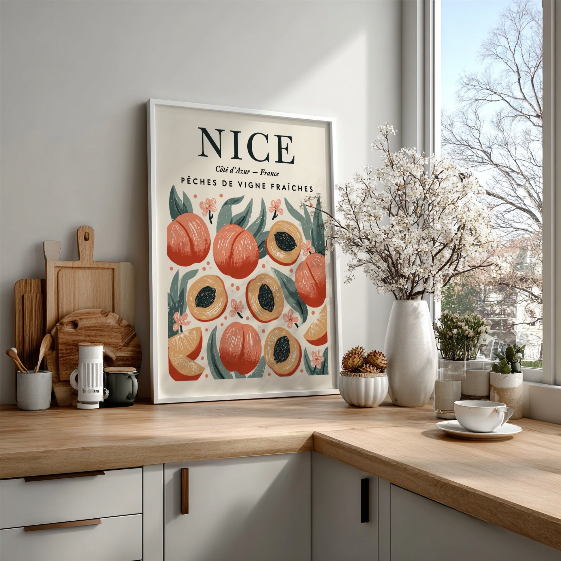 Peach kitchen poster featuring vibrant peaches and green leaves, perfect for home decor.